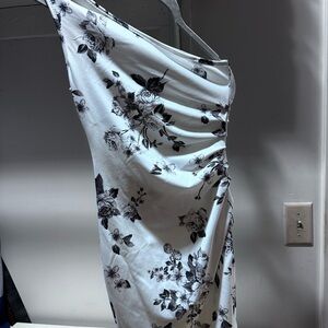 SHEIN White One-Shoulder Black Floral Ruched Dress